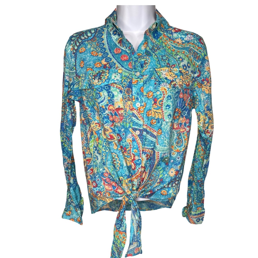 Lauren Ralph Lauren Womens Blue Paisley Tie Front Button Down Shirt Sz S Coastal